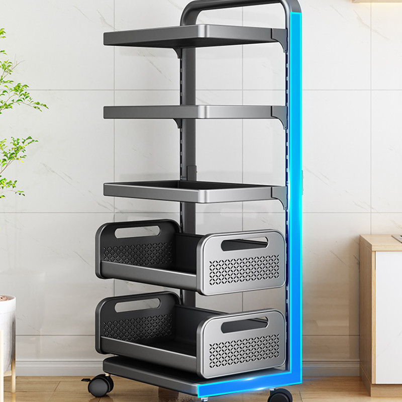 Tall rolling kitchen cart with three shelves and baskets